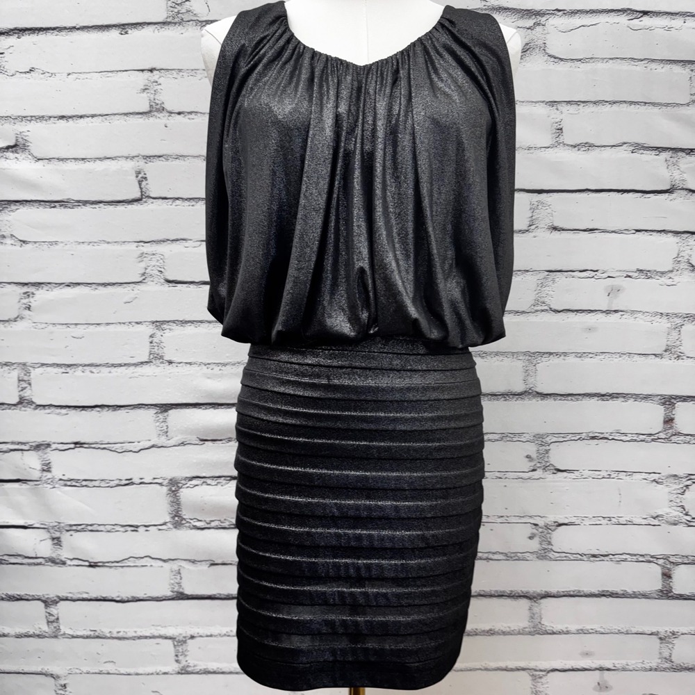 Xscape by Joanna Chen Metallic Black Blouson Tiered Bandage Cocktail Dress 4